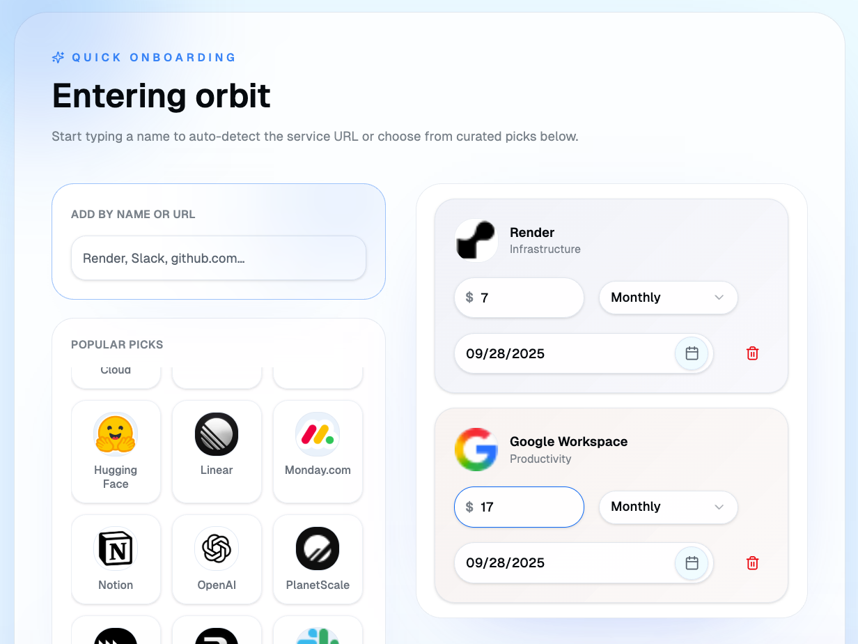 Orbital onboarding interface showing service capture and popular picks